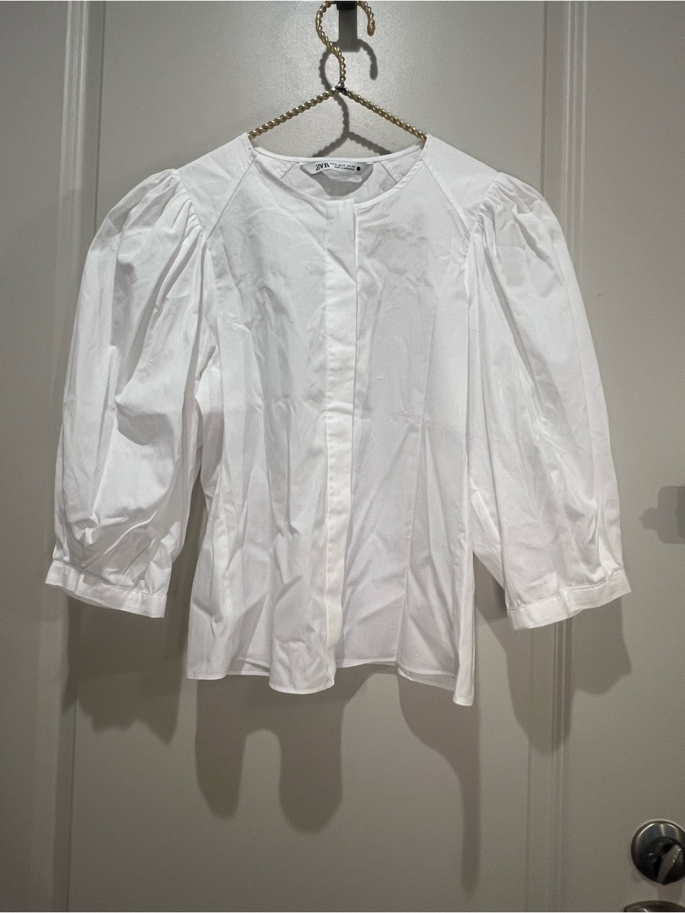 Zara White Cotton Poplin Puff Sleeve Blouse Size M NWOT - Picture 2 of 5